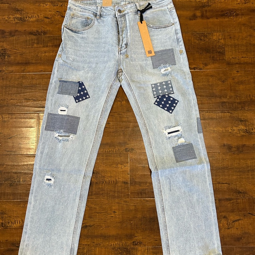Kaubi Stylish Light Blue Men's Jeans with Patchwork
